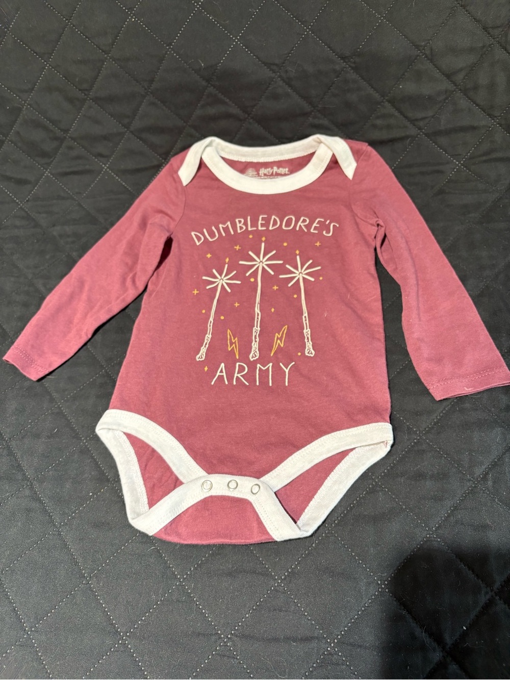 Harry Potter branded "Dumbledore's Army" long-sleeve infant bodysuit onesie 12M